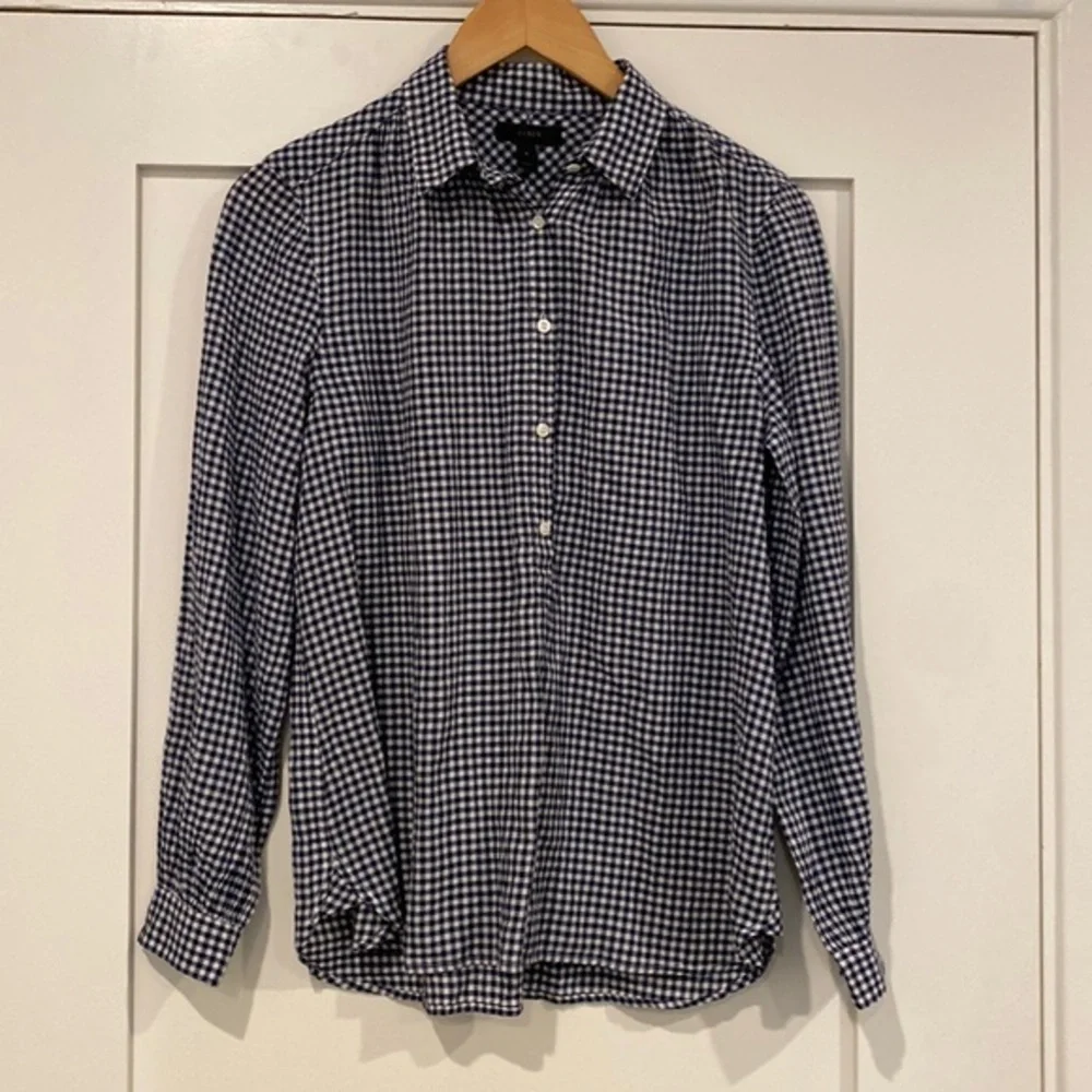J. Crew Gathered Popover Top in Microgingham Sz 4 Navy and White - Picture 2 of 7